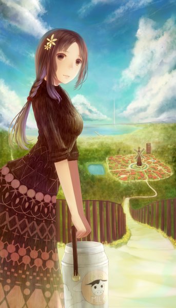 Anime picture 1943x3400 with original bounin single long hair tall image highres brown hair brown eyes absurdres sky cloud (clouds) braid (braids) landscape lake girl