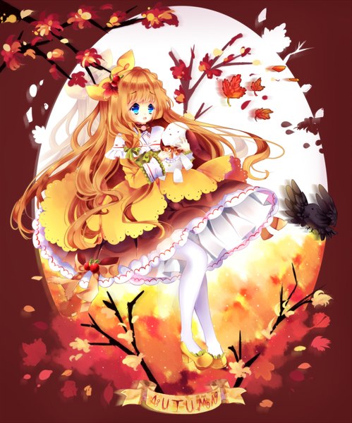 Anime picture 1496x1800 with original maruuki single long hair tall image open mouth blue eyes blonde hair girl dress bow hair bow animal pantyhose bird (birds) leaf (leaves) branch white pantyhose