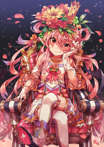 Anime picture 849x1200 with original recri (narumi arata) narumi arata single tall image looking at viewer blush fringe smile hair between eyes red eyes sitting pink hair very long hair hair flower pointy ears zettai ryouiki crossed legs bat wings frilly skirt