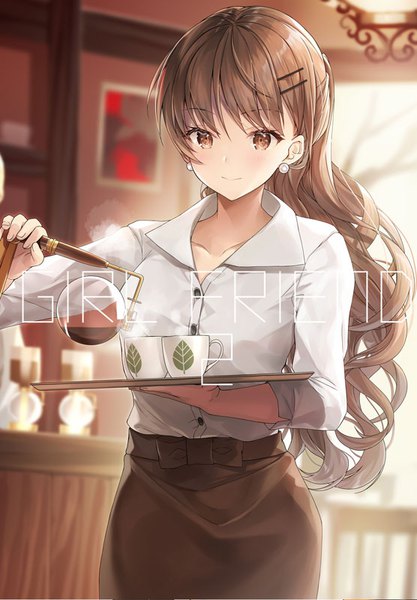 Anime picture 556x800 with original kagachi saku single long hair tall image blush fringe breasts smile brown hair standing holding brown eyes indoors depth of field text looking down wavy hair english steam