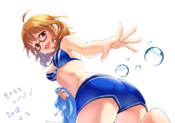 Anime picture 4092x2893 with idolmaster idolmaster cinderella girls araki hina kii (fys-a) single long hair highres open mouth light erotic simple background brown hair white background brown eyes signed absurdres ahoge twitter username outstretched arm dated girl