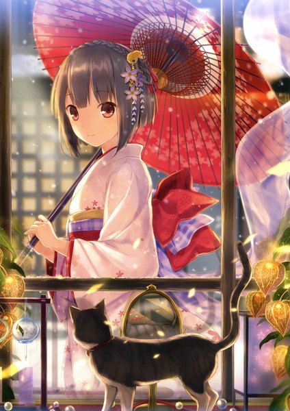 Anime picture 2331x3300 with original eshi 100-nin ten rokuyu single tall image looking at viewer blush highres short hair smile brown hair holding brown eyes braid (braids) traditional clothes japanese clothes profile hair flower sunlight scan