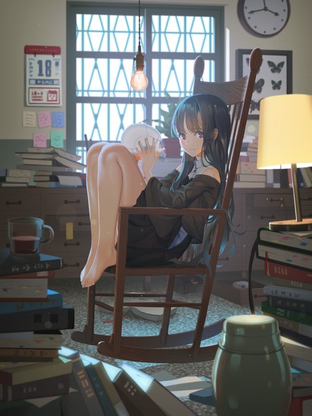 Anime picture 1200x1600 with original vofan single long hair tall image looking at viewer blush fringe black hair smile sitting purple eyes holding full body indoors blunt bangs barefoot blurry bare legs messy room