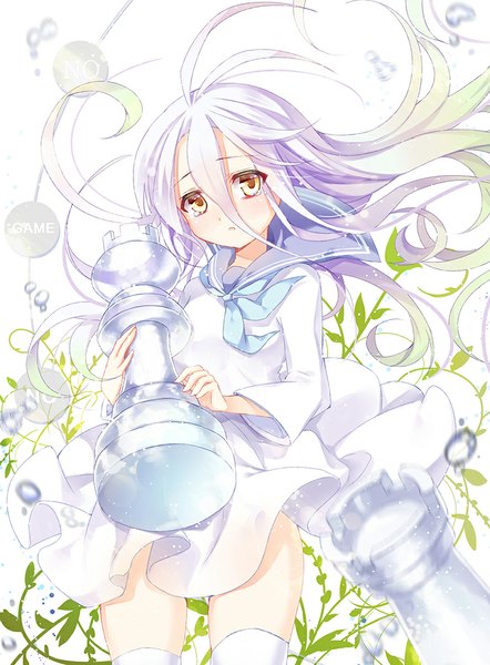 Anime picture 800x1086 with no game no life madhouse shiro (no game no life) philomelalilium single long hair tall image looking at viewer hair between eyes yellow eyes white hair multicolored hair two-tone hair girl thighhighs dress uniform plant (plants) school uniform white thighhighs