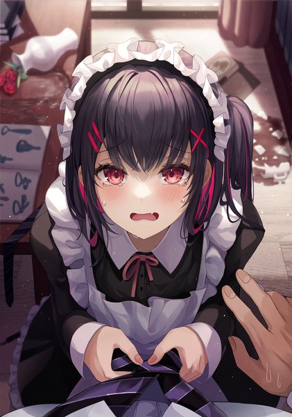 Anime picture 1755x2500 with original gongha long hair tall image looking at viewer blush fringe highres black hair red eyes standing indoors blunt bangs long sleeves multicolored hair from above two-tone hair maid fang (fangs) streaked hair
