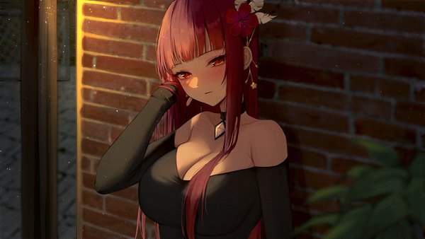 Anime picture 1920x1080 with original ame 816 single long hair looking at viewer blush fringe highres breasts light erotic red eyes wide image large breasts bare shoulders upper body red hair blunt bangs head tilt arm up hair flower