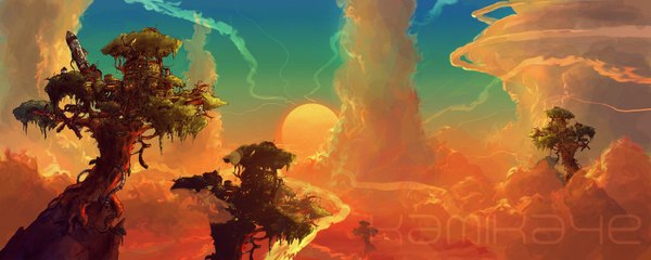Anime picture 1800x720 with kamikaye (artist) highres wide image signed sky cloud (clouds) evening sunset landscape plant (plants) tree (trees) sun roots rocket