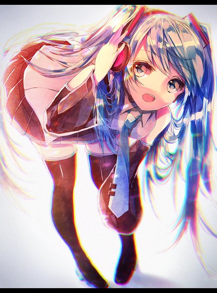 Anime picture 898x1207 with vocaloid hatsune miku hatou midori single tall image looking at viewer open mouth standing twintails payot very long hair pleated skirt aqua eyes blurry aqua hair grey background wide sleeves letterboxed hand on headphones girl