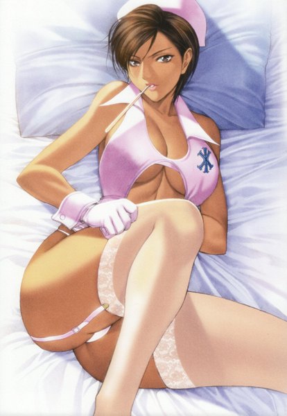 Anime picture 2088x3024 with rumble roses (game) anesthesia (rumble roses) homare (fool's art) single tall image looking at viewer highres short hair breasts light erotic brown hair large breasts holding brown eyes cleavage lying from above scan on back mouth hold