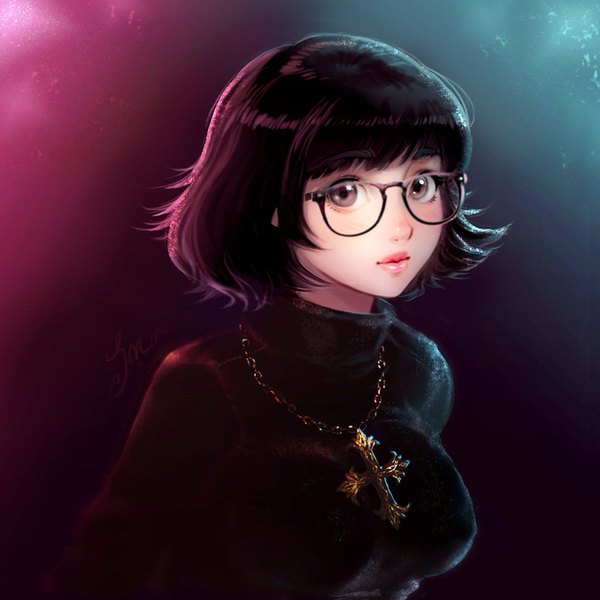 Anime picture 900x900 with hunter x hunter shizuku (hunter x hunter) sillyselly single looking at viewer fringe short hair breasts black hair simple background large breasts brown eyes signed upper body lips gradient background portrait girl glasses cross