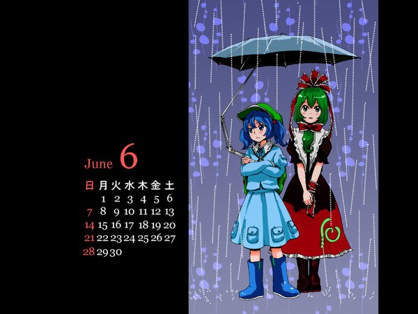 Anime picture 1024x768 with touhou kagiyama hina kawashiro nitori kuma (artist) short hair blue eyes twintails green eyes blue hair green hair crossed arms rain girl skirt hair ornament ribbon (ribbons) hair ribbon hat umbrella bag