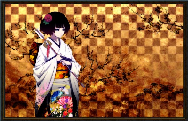 Anime picture 1599x1029 with original mubouou aasaa black hair japanese clothes hair flower checkered background girl hair ornament kimono