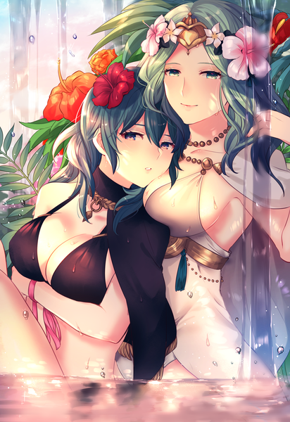 Anime picture 2504x3644 with fire emblem fire emblem: three houses fire emblem heroes nintendo byleth (fire emblem) byleth (female) (fire emblem) rhea (fire emblem) byleth (summer) (fire emblem) (female) sadao4a long hair tall image looking at viewer blush fringe highres breasts blue eyes light erotic smile hair between eyes