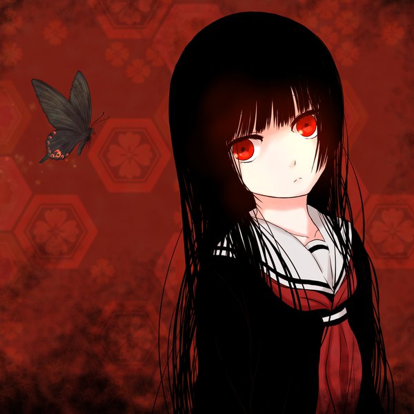 Anime picture 2000x2000 with hell girl studio deen enma ai noto-kanna single long hair looking at viewer fringe highres black hair red eyes payot upper body blunt bangs girl uniform serafuku insect butterfly