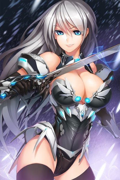 Anime picture 1000x1500 with sword girls snowball22 single long hair tall image looking at viewer breasts blue eyes light erotic large breasts silver hair girl thighhighs gloves weapon black thighhighs sword elbow gloves