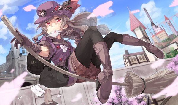 Anime-Bild 2000x1179 mit original saraki single long hair looking at viewer highres red eyes wide image twintails sky cloud (clouds) grey hair blurry short sleeves cherry blossoms flying double buttons broom riding legwear under shorts girl