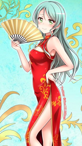 Anime picture 1357x2412 with bang dream! hikawa sayo tina (pixiv37050289) single long hair tall image looking at viewer blush fringe breasts smile standing bare shoulders holding green eyes signed traditional clothes aqua hair hand on hip twitter username