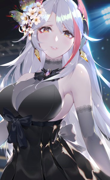 Anime picture 1091x1777 with azur lane prinz eugen (azur lane) calder single long hair tall image looking at viewer blush fringe breasts light erotic hair between eyes large breasts standing bare shoulders brown eyes payot silver hair parted lips multicolored hair