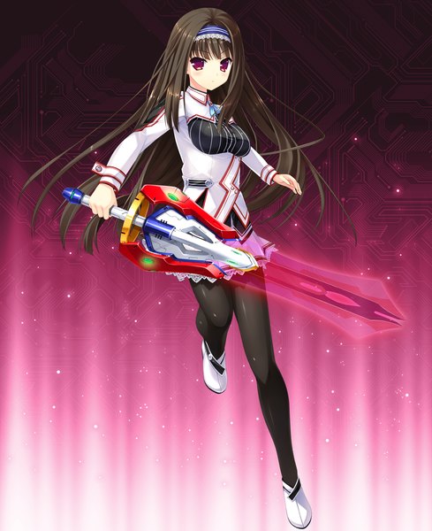 Anime picture 1280x1572 with hoshi no ne sanctuary shinryouji hisui naruse hirofumi single long hair tall image looking at viewer blush black hair purple eyes girl skirt weapon pantyhose sword headband