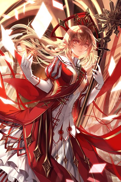 Anime picture 667x1000 with original skade single long hair tall image looking at viewer fringe breasts blonde hair hair between eyes holding brown eyes pointy ears official art from below short sleeves puffy sleeves outstretched arm elf girl