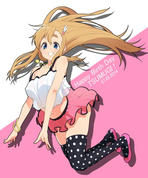 Anime picture 1622x1953 with k-on! kyoto animation kotobuki tsumugi omaru gyuunyuu single long hair tall image looking at viewer blush blue eyes light erotic blonde hair smile bare shoulders full body dated eyebrows polka dot jumping happy birthday