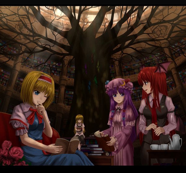 Anime picture 1500x1400 with touhou kirisame marisa patchouli knowledge alice margatroid koakuma chien zero long hair short hair blue eyes blonde hair red eyes sitting purple eyes multiple girls purple hair one eye closed wink head wings girl dress