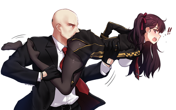 Anime picture 1800x1132 with girls frontline hitman (game) wa2000 (girls frontline) agent 47 narynn long hair blush highres open mouth light erotic simple background red eyes brown hair standing white background holding looking away braid (braids) profile looking back
