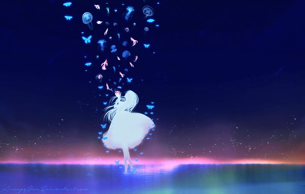 Anime picture 1700x1080 with original allensitadeazulito single long hair standing holding profile night no shoes night sky flying girl dress water insect butterfly fish (fishes) jellyfish