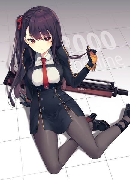 Anime picture 800x1108 with girls frontline wa2000 (girls frontline) silltare single long hair tall image looking at viewer fringe black hair red eyes sitting from above arm support high heels one side up floor yokozuwari playing with hair hair twirling girl