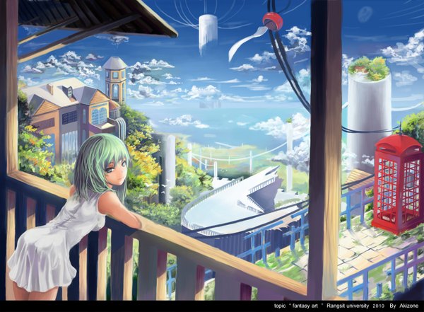 Anime picture 1500x1103 with original akizone single short hair blue eyes signed cloud (clouds) looking back green hair city cityscape girl building (buildings) sundress house