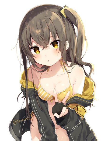 Anime picture 1075x1392 with girls frontline ump45 (girls frontline) mafuyu (chibi21) single long hair tall image looking at viewer fringe breasts open mouth light erotic simple background hair between eyes brown hair white background signed yellow eyes payot cleavage head tilt