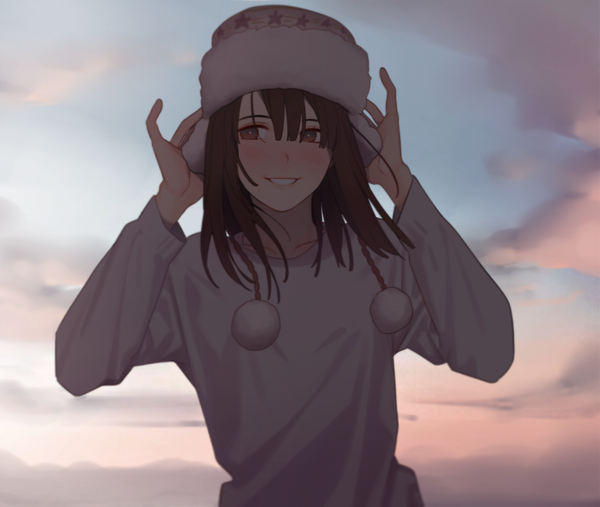 Anime picture 1420x1202 with original e7 (runaway162) single looking at viewer blush fringe smile hair between eyes brown hair brown eyes sky cloud (clouds) upper body adjusting hat girl pom pom (clothes) earflapped fur hat