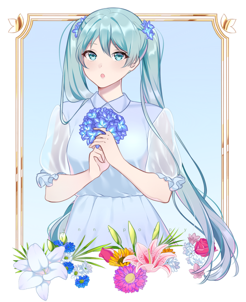 Anime picture 1930x2373 with vocaloid hatsune miku sunnypoppy single long hair tall image looking at viewer fringe highres twintails signed hair flower aqua eyes aqua hair :o short sleeves puffy sleeves blue background transparent background framed