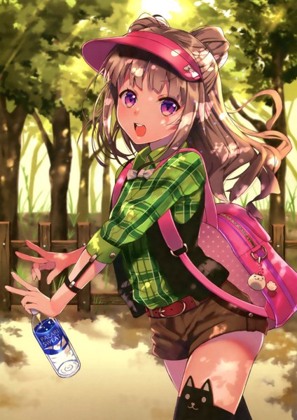 Anime picture 2119x3000 with original eshi 100-nin ten pocari sweat haruno ibuki single long hair tall image looking at viewer blush highres open mouth brown hair purple eyes scan casual girl plant (plants) tree (trees) shorts backpack