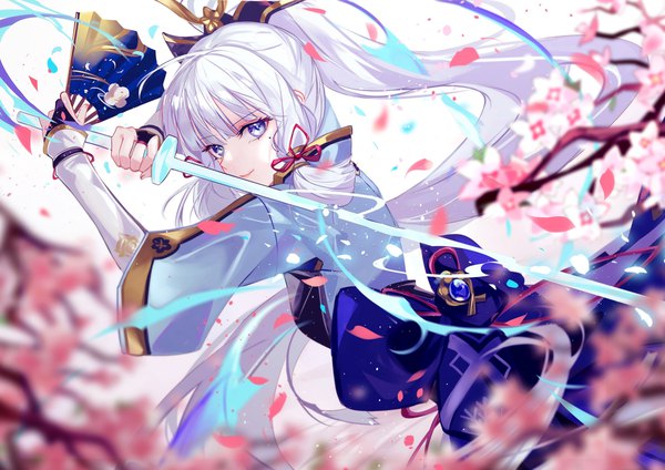 Anime picture 2500x1767 with genshin impact kamisato ayaka vardan single long hair looking at viewer fringe highres purple eyes silver hair ahoge ponytail blunt bangs mole depth of field mole under eye cherry blossoms girl weapon petals