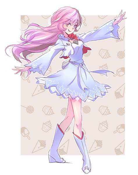 Anime picture 1899x2400 with rwby rooster teeth weiss schnee neopolitan (rwby) iesupa single long hair tall image looking at viewer highres simple background smile brown hair standing purple eyes brown eyes pink hair full body long sleeves multicolored hair