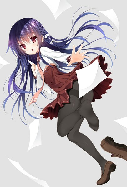Anime picture 568x838 with original futaba miwa single long hair tall image looking at viewer fringe open mouth light erotic simple background red eyes purple hair bent knee (knees) braid (braids) pleated skirt looking back side braid convenient censoring upskirt single shoe