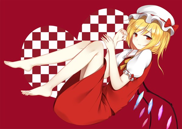 Anime picture 1600x1132 with touhou flandre scarlet flan (seeyouflan) single looking at viewer short hair simple background blonde hair red eyes full body barefoot short sleeves puffy sleeves red background checkered checkered background embryo's pose girl skirt hat
