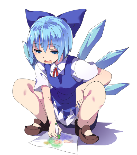 Anime picture 745x839 with touhou cirno daiyousei hasebe yuusaku single tall image blush fringe short hair open mouth light erotic simple background hair between eyes white background blue hair shadow looking down squat drawing girl