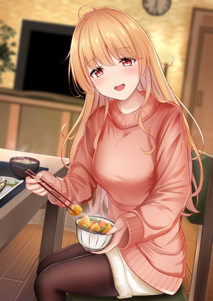 Anime picture 1032x1457 with original monaka curl single long hair tall image looking at viewer blush fringe breasts open mouth blonde hair smile hair between eyes red eyes sitting holding ahoge indoors long sleeves head tilt