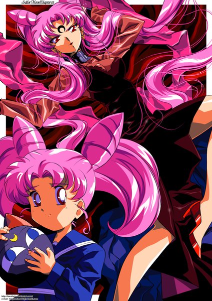 Anime picture 2480x3507 with bishoujo senshi sailor moon toei animation sailor moon monster book chibiusa black lady luna p hinomars19 long hair tall image looking at viewer fringe highres short hair red eyes standing twintails holding pink hair arm up hair bun (hair buns)