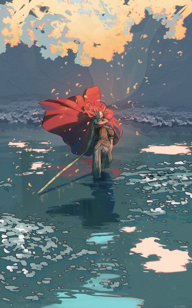 Anime picture 1241x1990 with elden ring malenia blade of miquella milkurew single long hair tall image holding red hair wind partially submerged walking girl weapon water cape helmet prosthesis blade