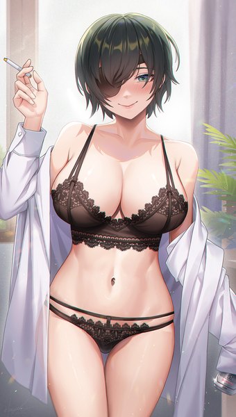 Anime picture 1020x1800 with chainsaw man mappa himeno (chainsaw man) hayate (leaf98k) single tall image looking at viewer blush fringe short hair breasts light erotic smile large breasts standing holding green eyes signed indoors long sleeves