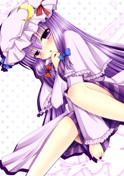 Anime picture 1753x2479 with touhou patchouli knowledge asazuki kanai single long hair tall image looking at viewer blush highres purple eyes purple hair girl dress bow hair bow bonnet