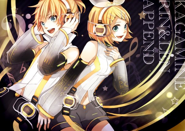 Anime picture 2480x1753 with vocaloid vocaloid append kagamine rin kagamine len kagamine rin (append) kagamine len (append) tama (songe) highres short hair open mouth blonde hair aqua eyes inscription couple twins girl boy hair ornament bow hair bow