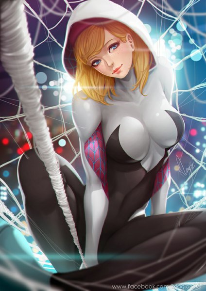 Anime picture 720x1018 with marvel comics gwen stacy spider-gwen magion02 single tall image looking at viewer fringe short hair breasts blue eyes light erotic blonde hair holding signed bent knee (knees) lips realistic city cityscape