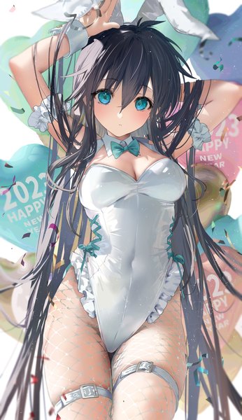 Anime picture 1500x2602 with houshin engi taikoubou mimoza (96mimo414) single long hair tall image looking at viewer blush fringe blue eyes light erotic black hair hair between eyes standing animal ears cleavage ahoge very long hair arms up bunny ears