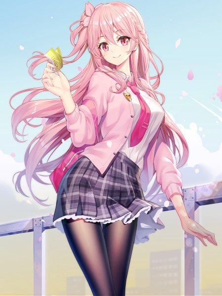 Anime picture 900x1200 with original emily stock ririko (zhuoyandesailaer) single long hair tall image looking at viewer blush fringe breasts hair between eyes large breasts holding payot pink hair outdoors braid (braids) pleated skirt pink eyes hair flower