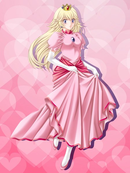 Anime picture 1200x1600 with super mario bros. princess peach tamamon single long hair tall image looking at viewer blue eyes blonde hair pink background girl dress gloves elbow gloves white gloves heart crown brooch