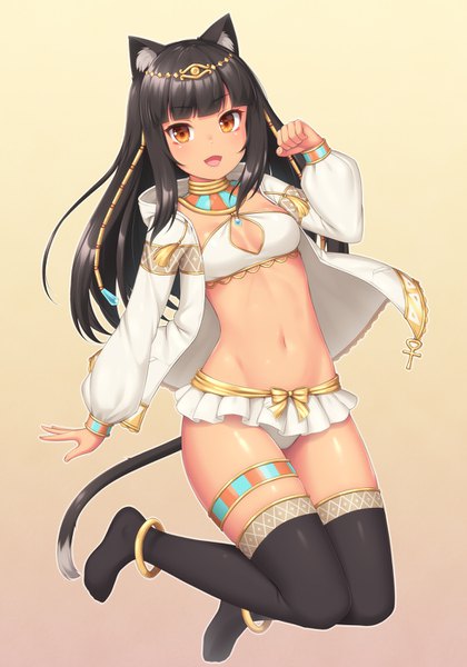 Anime picture 980x1400 with mythology egyptian mythology bastet sasaame single long hair tall image looking at viewer blush fringe breasts open mouth light erotic black hair simple background smile animal ears payot full body tail